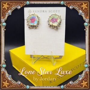 Kendra Scott Rare Dichroic Glass Halo Stud Earrings Iridescent Crystal Gold| HTF